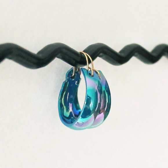 Vintage Teal Enamel Earring Hoops, Small 80s Deadstock Peacock Colour Earrings - Picture 3 of 5